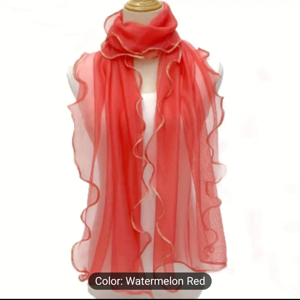 Scarf Ruffle Trim Sheer, Watermelon Red